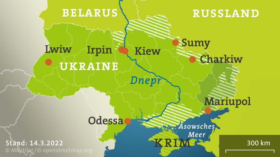 Die schraffierten Bereiche zeigen die von den Russen kontrollierten Gebiete in der Ukraine. | ISW/14.03.2022