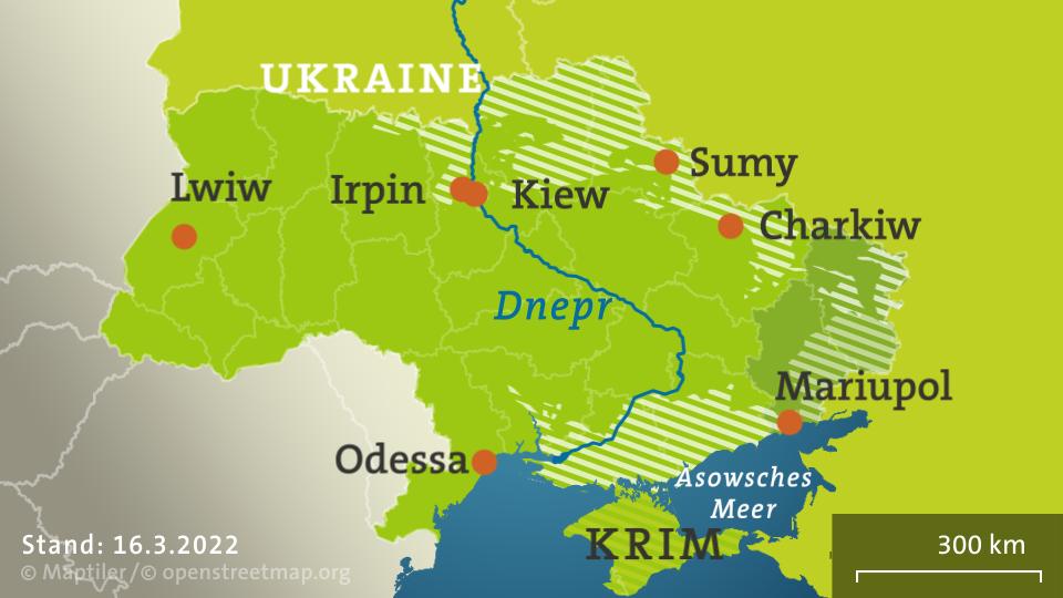 Die schraffierten Bereiche zeigen die von der russischen Armee kontrollierten Gebiete in der Ukraine. | ISW/16.03.2022