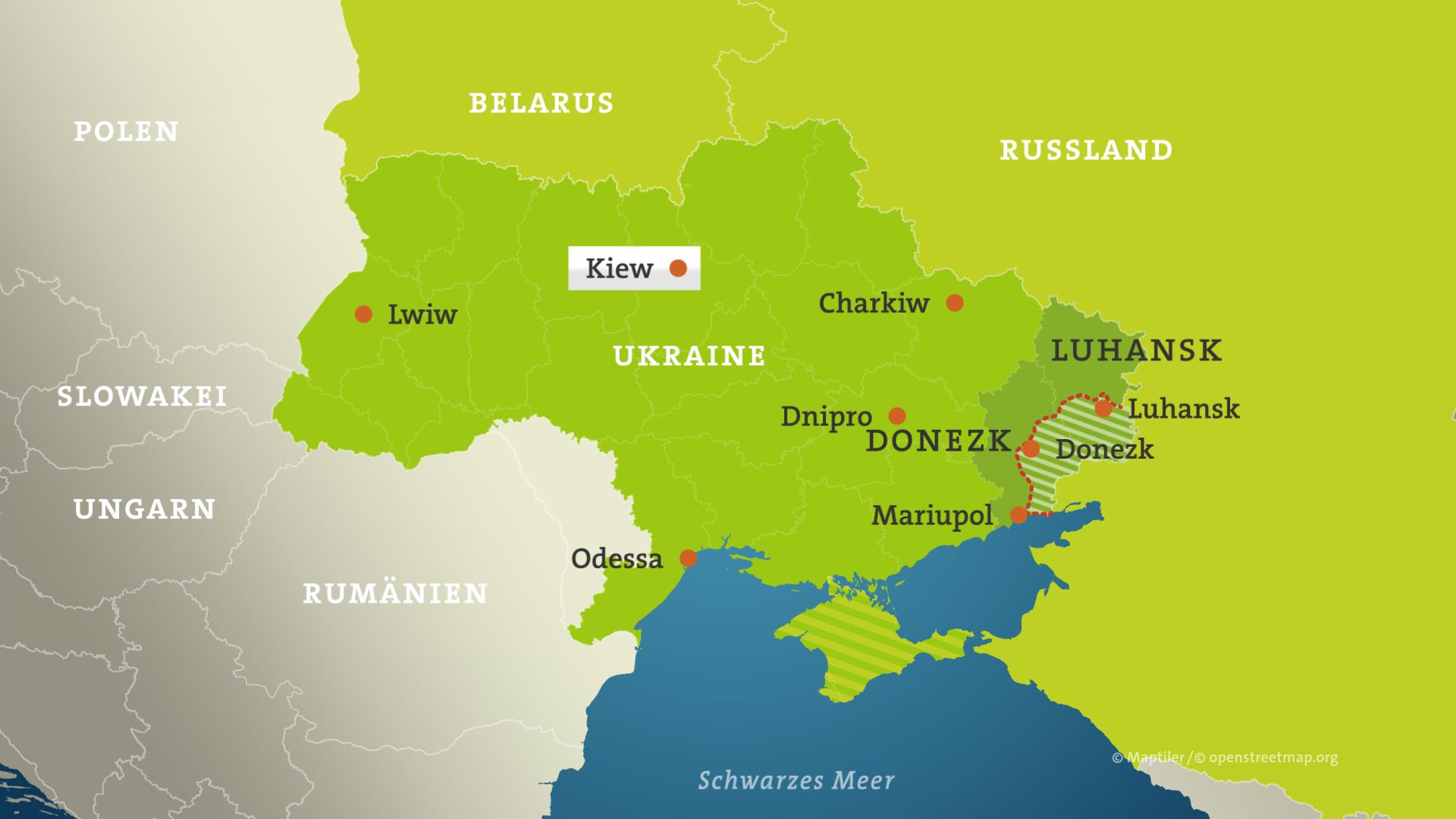Die Karte zeigt die Ukraine mit Donezk und Luhansk und den Separatistengebieten und Städte