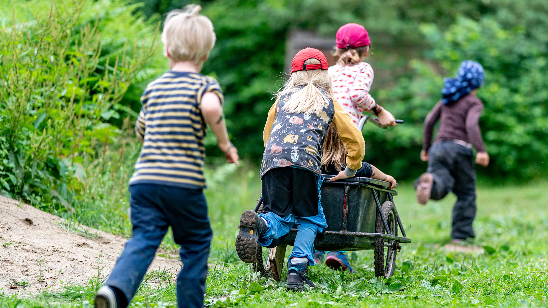Kinder der Kita Wühlmäuse spielen im Wald mit einem Anhänger, Preetz/Schleswig-Holstein. | dpa