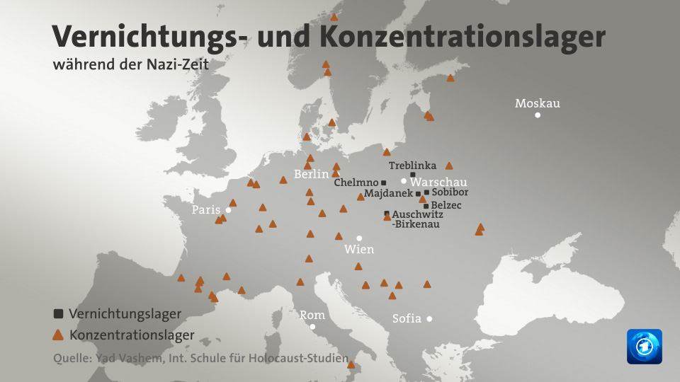 Die Karte zeigt die Vernichtungs- und Konzentrationslager sowie vergleichbare Lager während der Zeit des Nationalsozialismus. | ARD aktuell