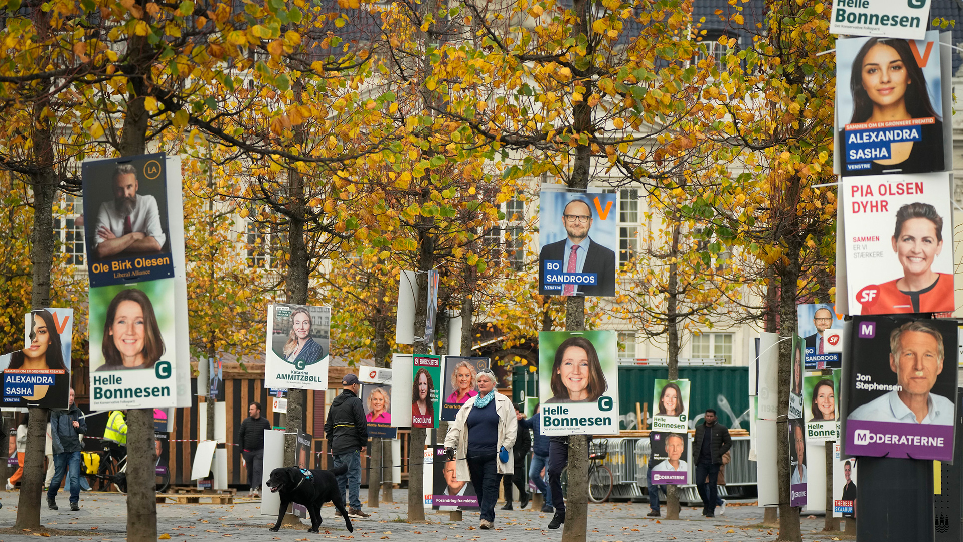 Menschen gehen an Wahlkampfplakaten in Kopenhagen (Dänemark) vorbei. | AP