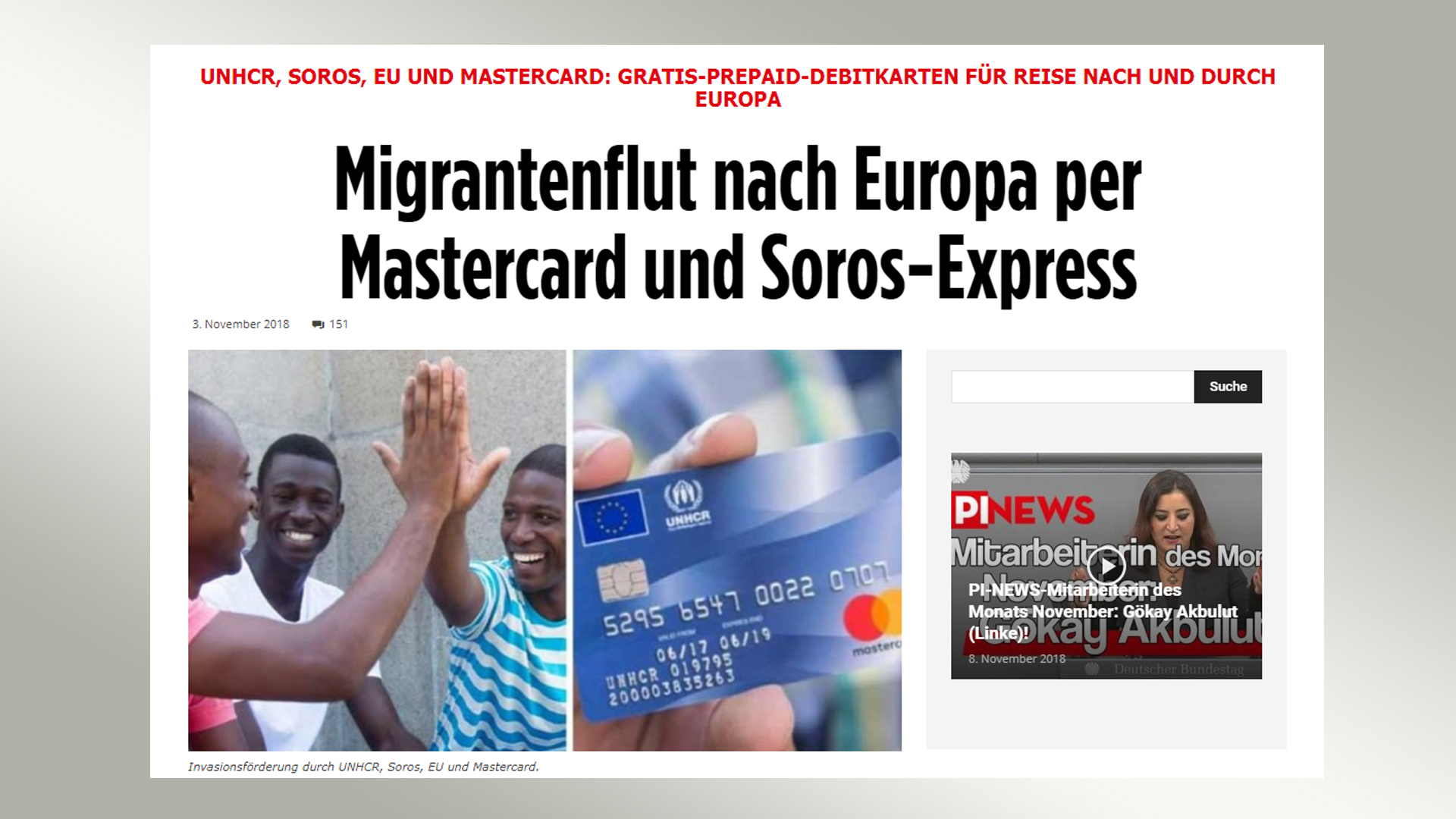 Screenshot: Artikel "Migrantenflut nach Europa per Mastercard" von www.pi-news.net | http://www.pi-news.net/2018/11/m