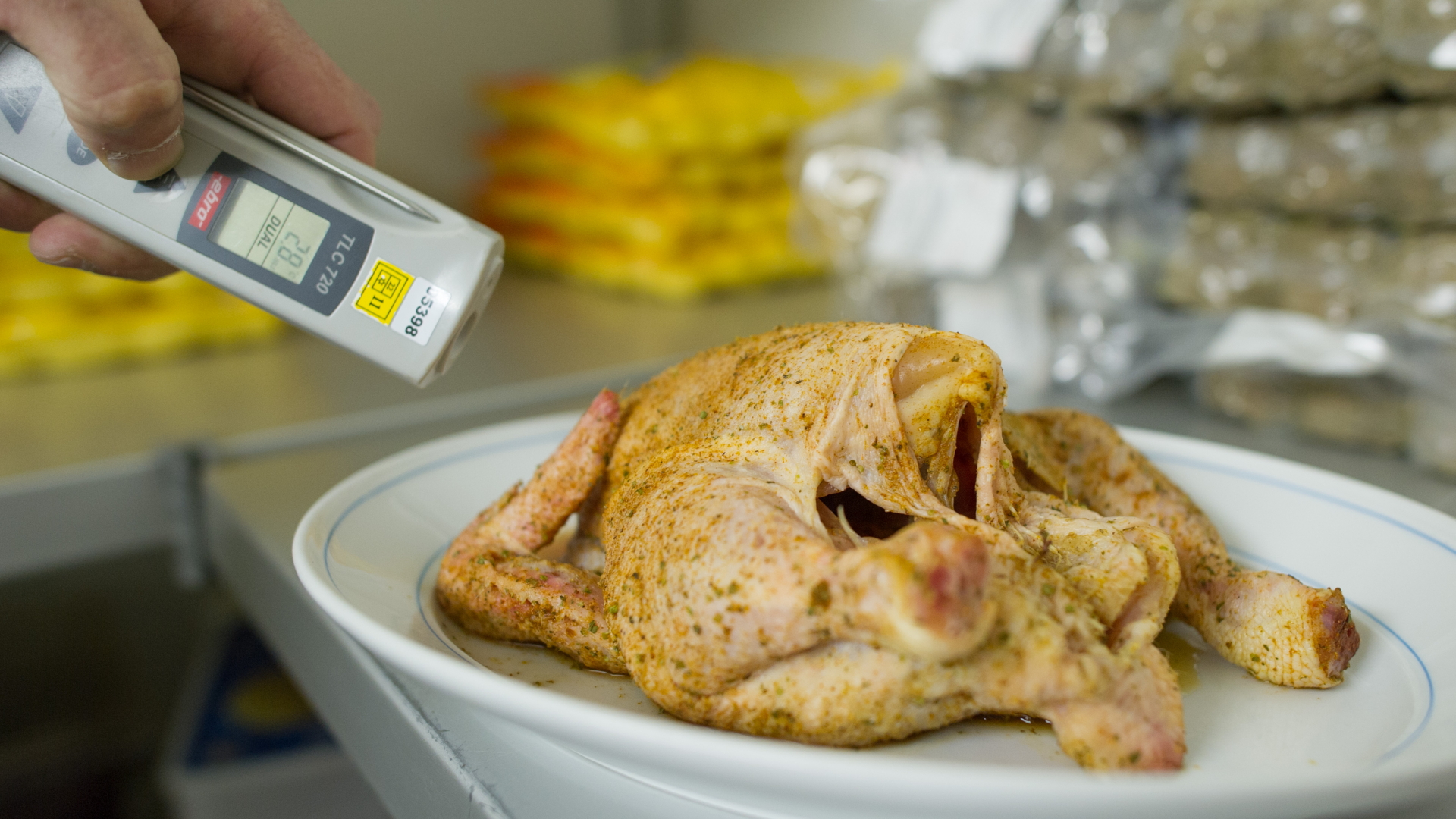 Ein Lebensmittelkontrolleur misst in einem Betrieb die Temperatur eines Hähnchens. | dpa