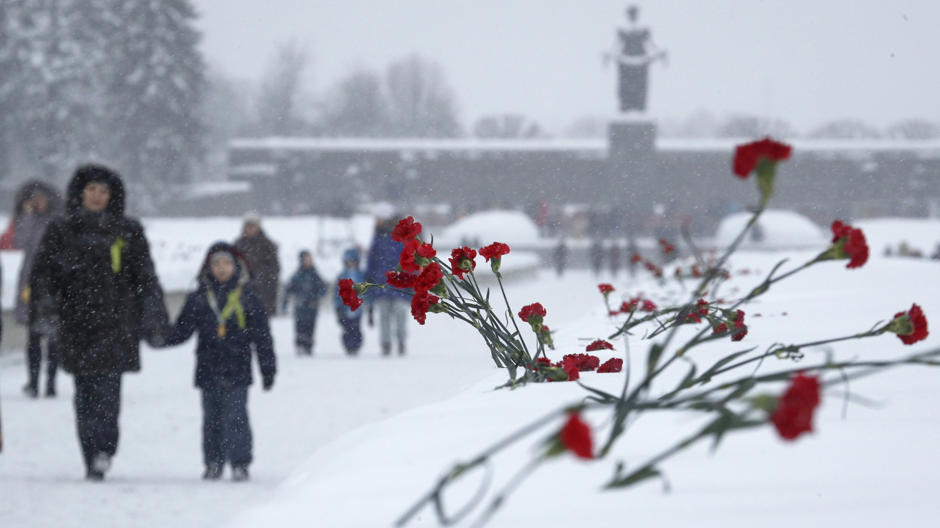 Rote Nelken stehen auf einer eingeschneiten Mauer entlang des Friedhofs Piskarjowskoje im heutigen St. Petersburg. Hier liegen zahlreiche Opfer der Leningrader Blockade im Zweiten Weltkrieg. | Bildquelle: AP