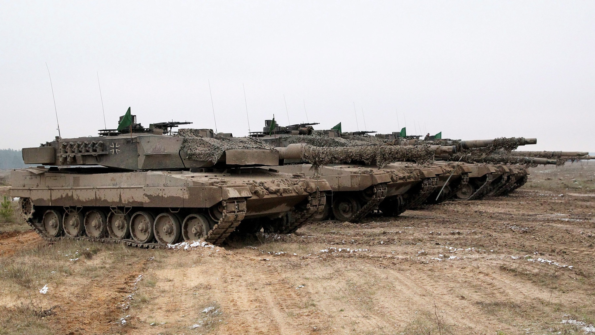 Kampfpanzer vom Typ "Leopard 2A6" stehen auf einem polnischen Übungsplatz nebeneinander. (November 2015) | picture alliance / dpa