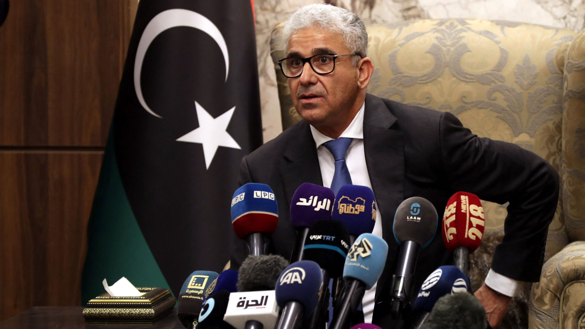 Fathi al-Baschagha bei einer Pressekonferenz in Tripolis (Libyen) | AFP