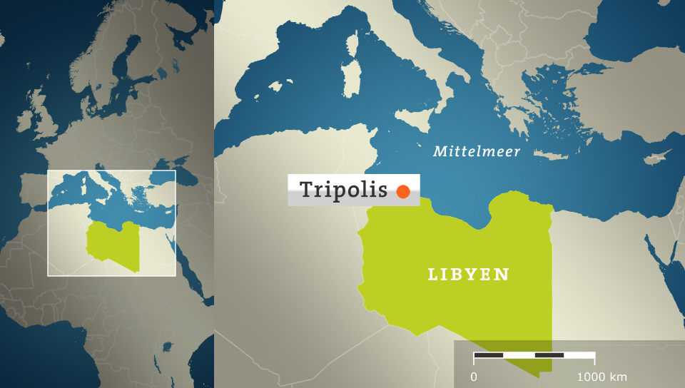 Karte: Libyen mit Tripolis und dem Mittelmeer 