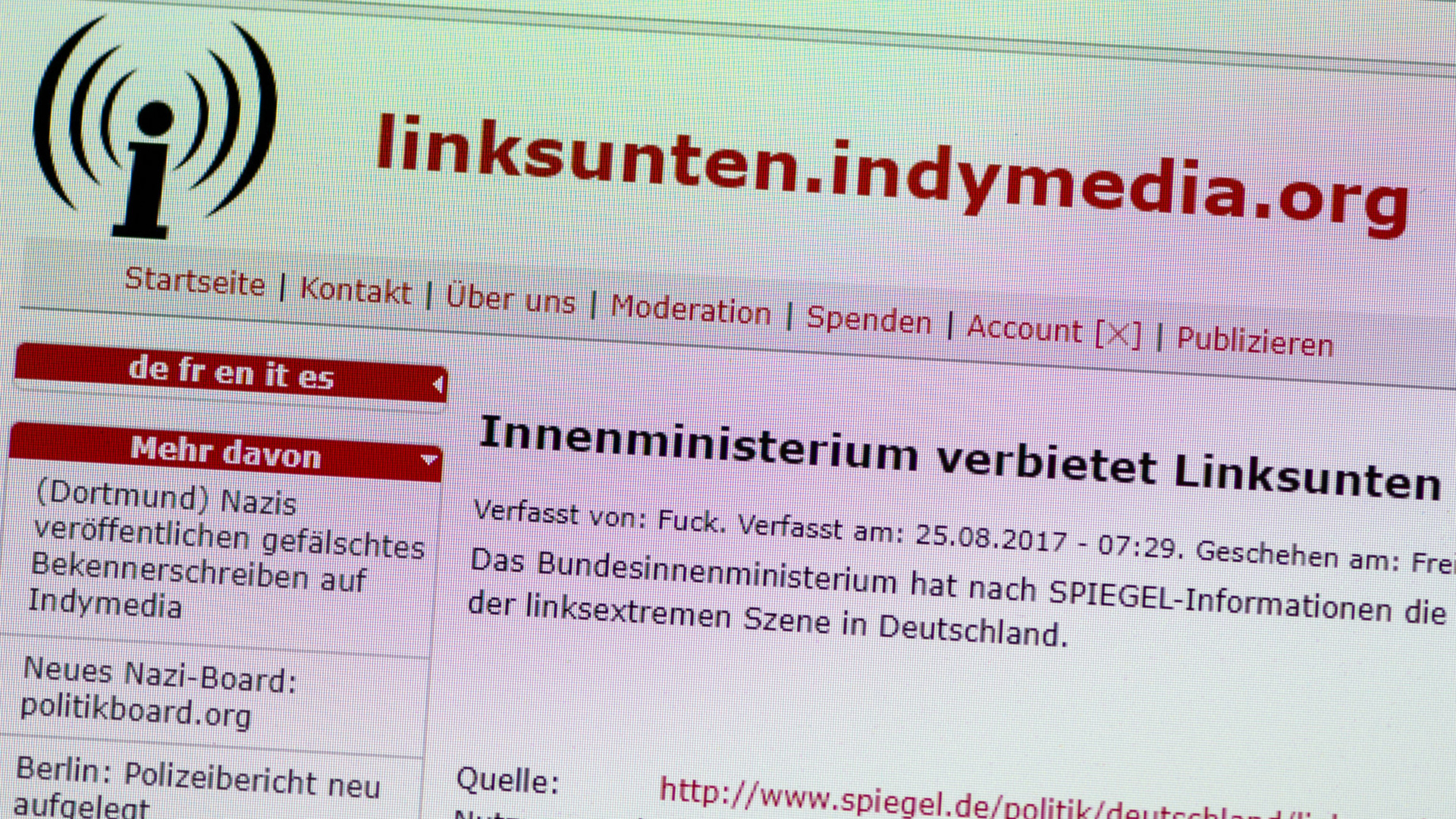 Die Internetseite der linksextremistischen Plattform "linksunten.indymedia.org" (Screenshot) | dpa