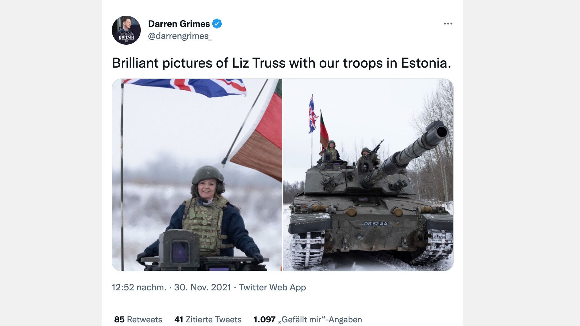 Ein Screenshot eines Tweets zeigt Liz Truss auf einem Panzer in Estland. | Screenshot twitter