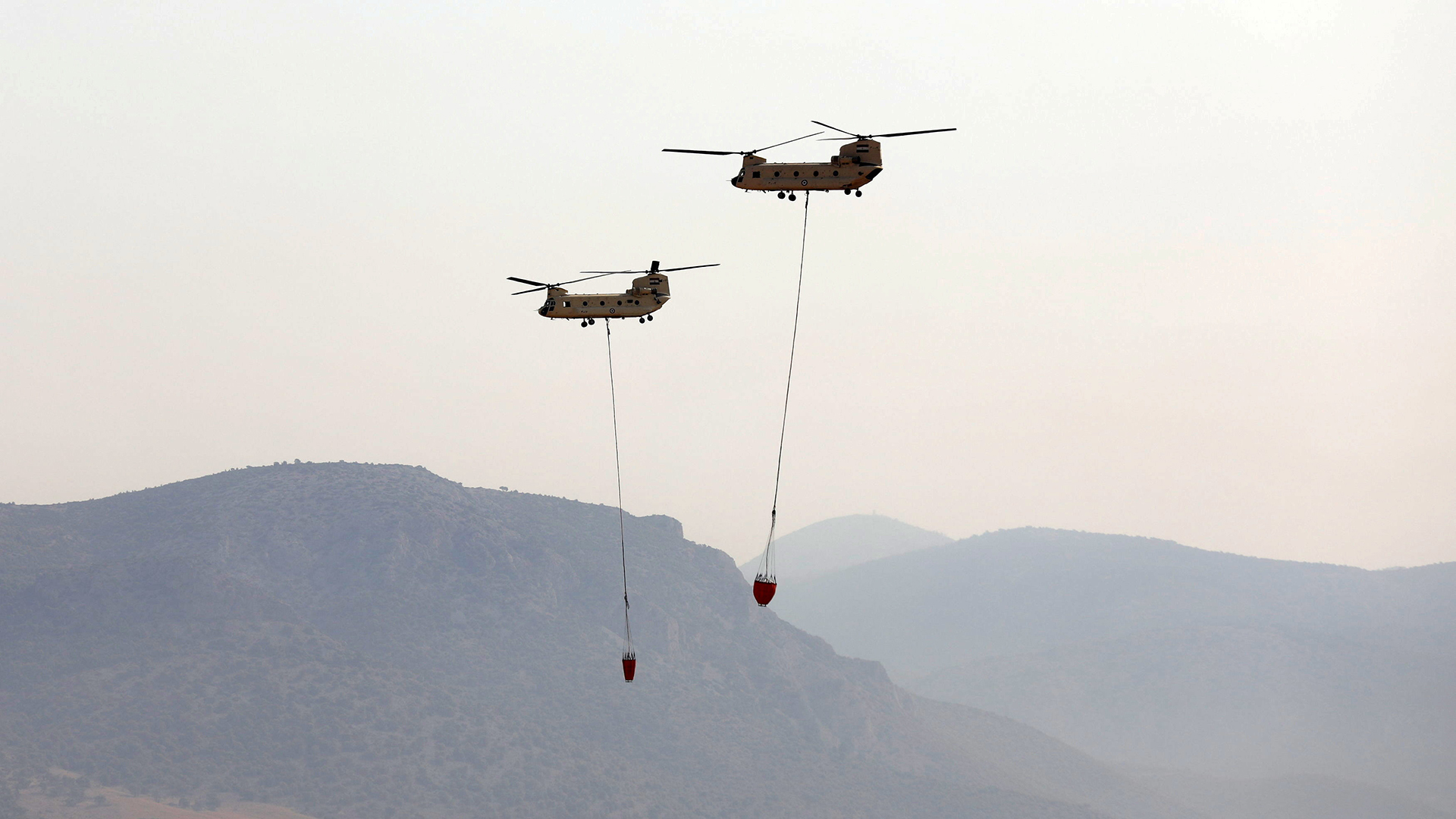 Chinook-Helikopter des ägyptischen Militärs im Einsatz gegen die Brände in Griechenland. | REUTERS
