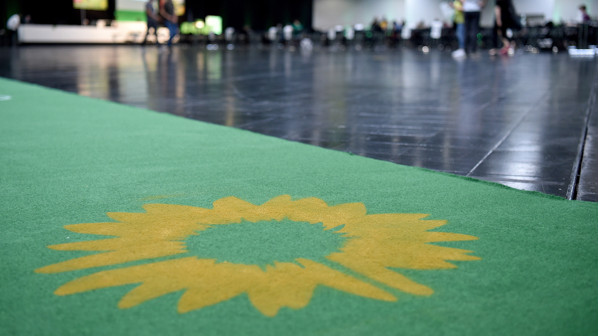 Das Logo der Partei von Bündnis 90/Die Grünen ist auf einem grünen Teppich zu sehen. | picture alliance/dpa