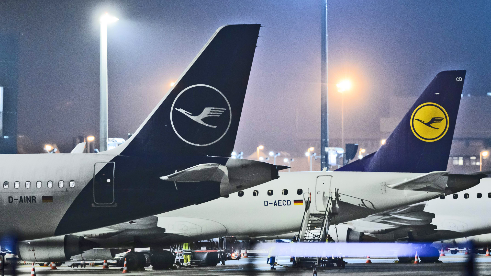 Lufthansa-Maschinen stehen bei Schweinwerferlicht auf einem Vorfeld | AFP