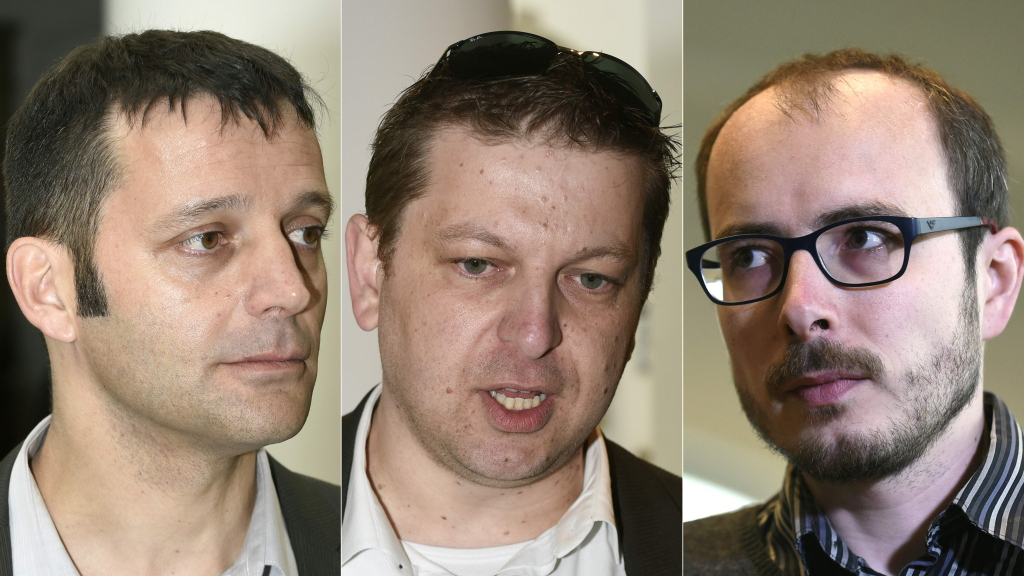 Die drei Angeklagten des "LuxLeaks"-Prozesses: Der französische Journalist Edouard Perrin und die beiden ehemaligen Mitarbeiter der Wirtschaftsprüfergesellschaft PwC, Raphael Halet und Antoine Deltour