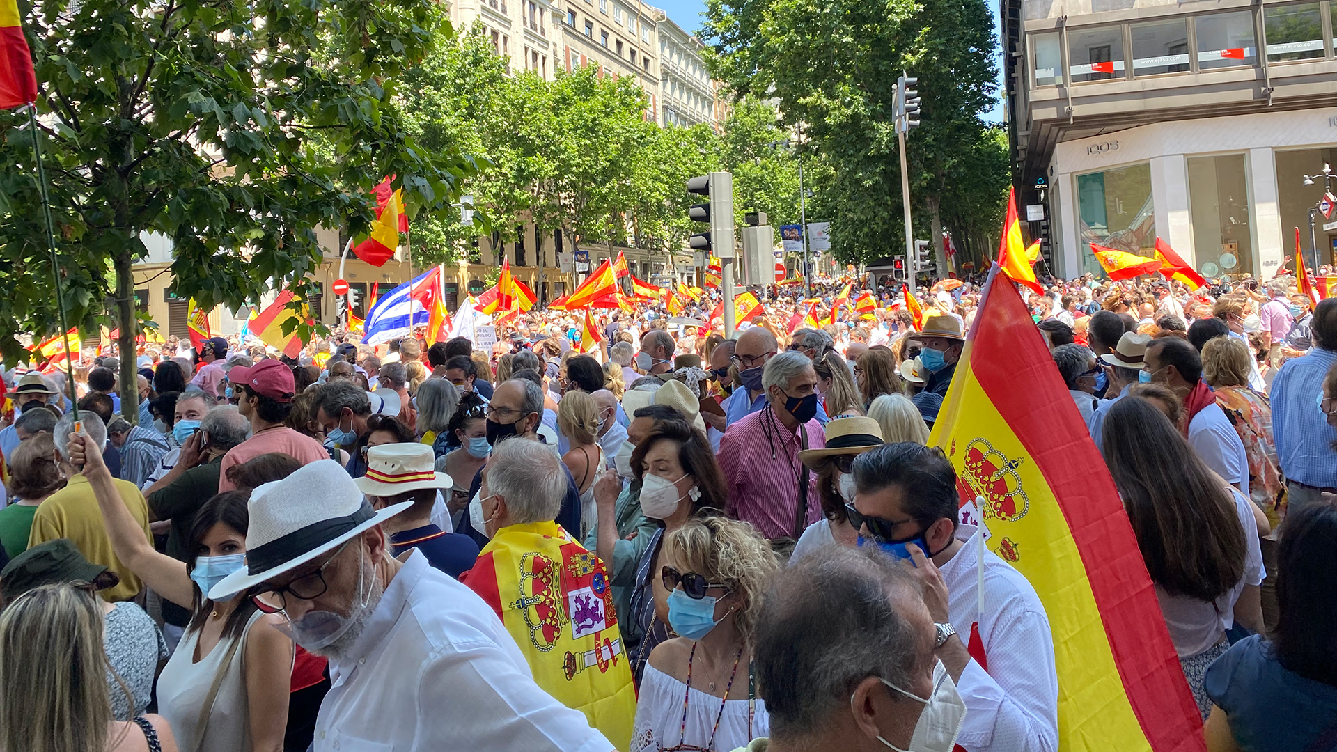 Rund 25.000 Regierungsgegner demonstrieren mit Spanienflaggen auf Madrids Straßen. | ARD-Studio Madrid