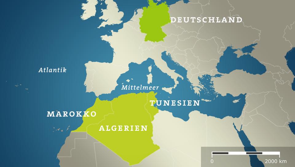 Karte: Maghreb-Staaten Algerien, Marokko und Tunesien