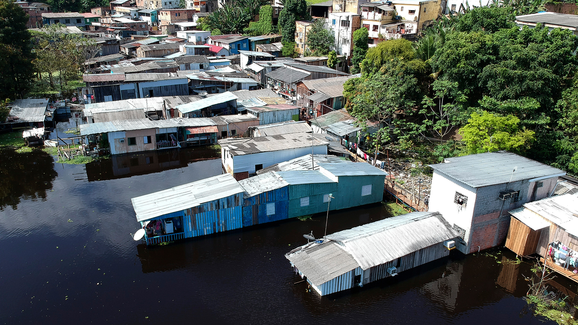 Blick auf Häuser in Manaus (Brasilien), die vom Wasser des Flusses Negro überflutet sind. | dpa