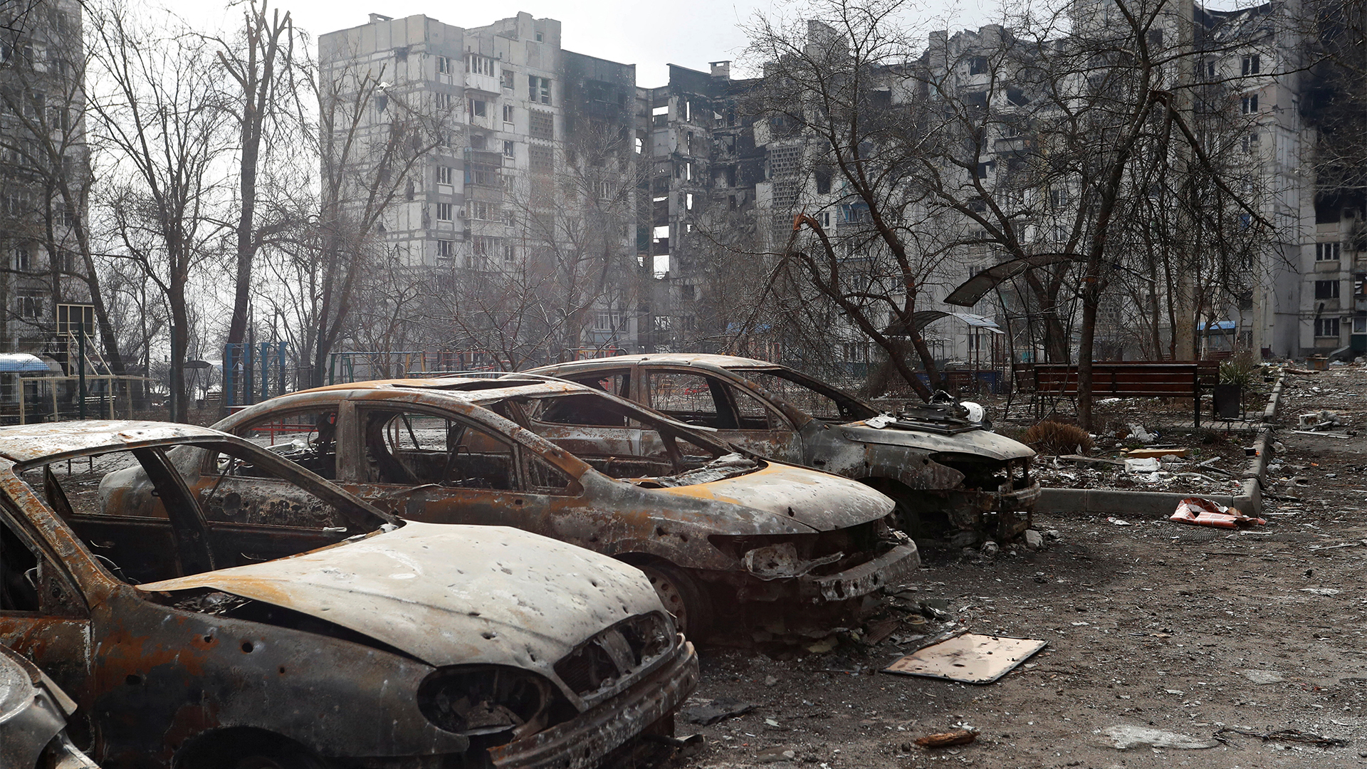 Ausgebrannte Autos stehen vor zerstörten Häusern in Mariupol. | REUTERS