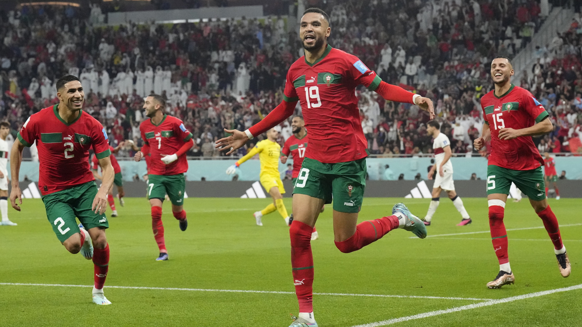 Marokkanische Spieler jubeln über das Tor im WM-Viertelfinale gegen Portugal | AP