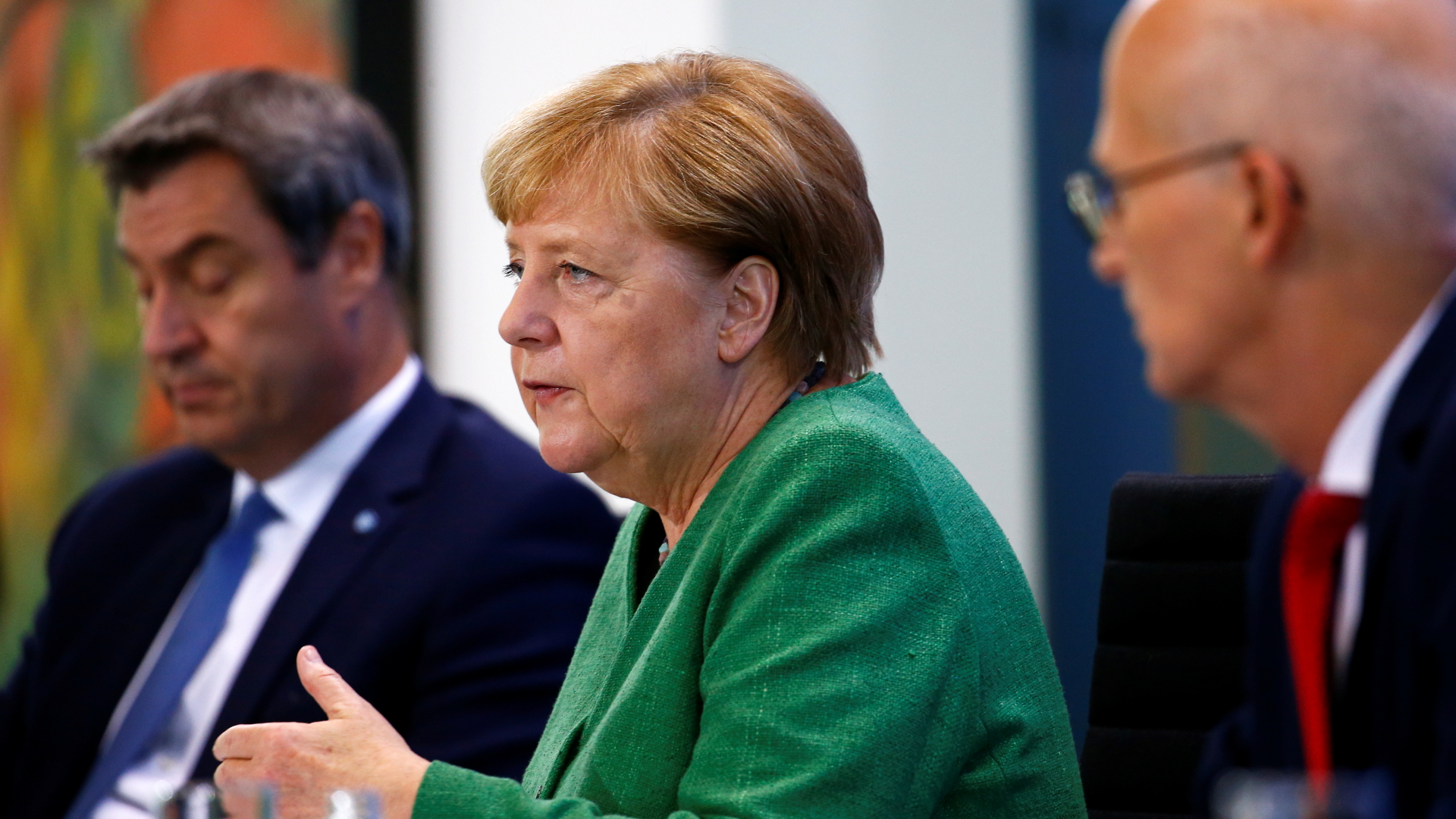 Pressekonferenz von Kanzlerin Merkel, Bürgermeister Tschentscher und Ministerpräsident Söder