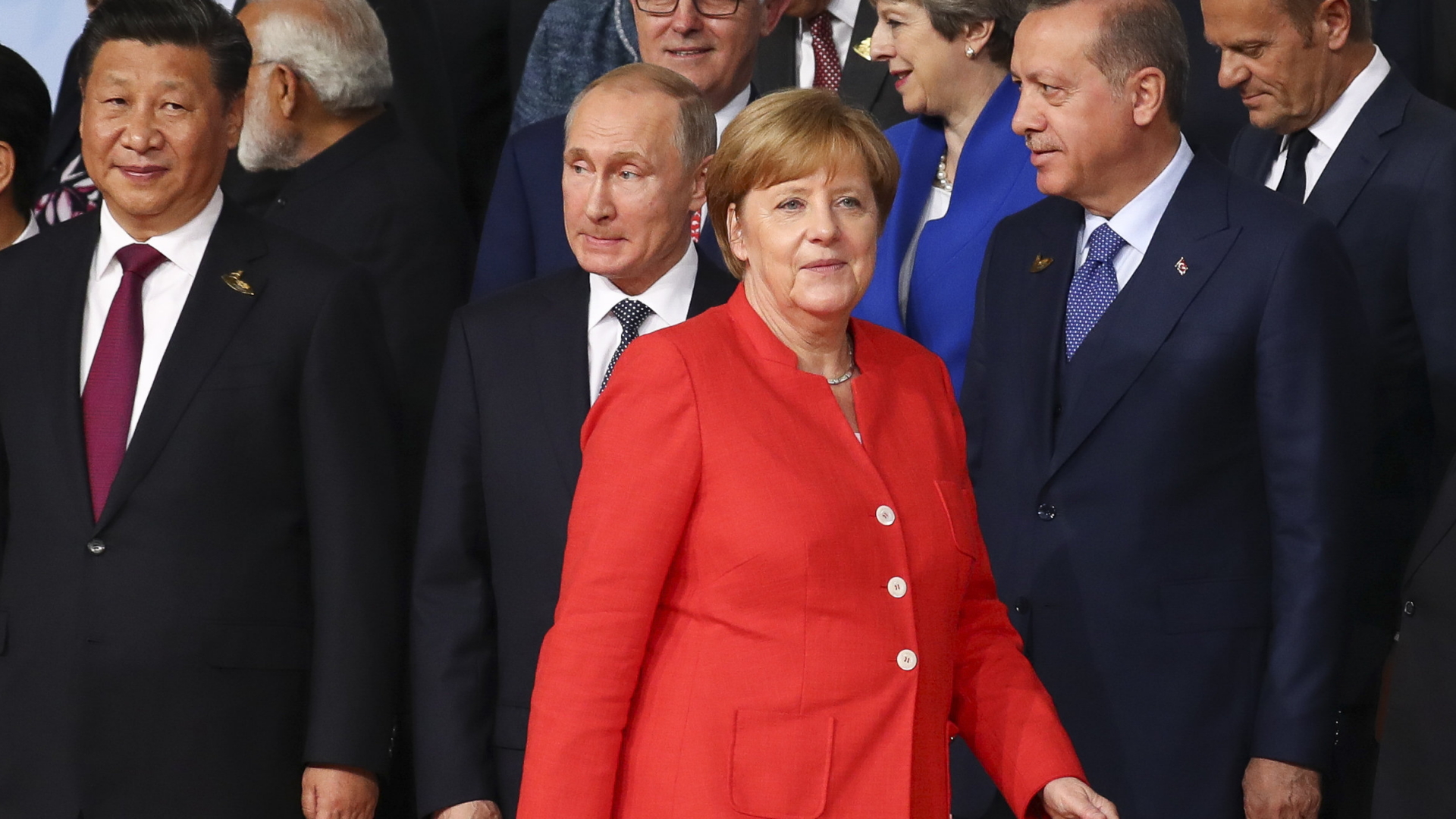 Kanzlerin Merkel mit dem chinesischen Staats- und Parteichef Xi Jinping , Russlands Präsidenten Putin und dem türkischen Präsidenten Erdogan | dpa