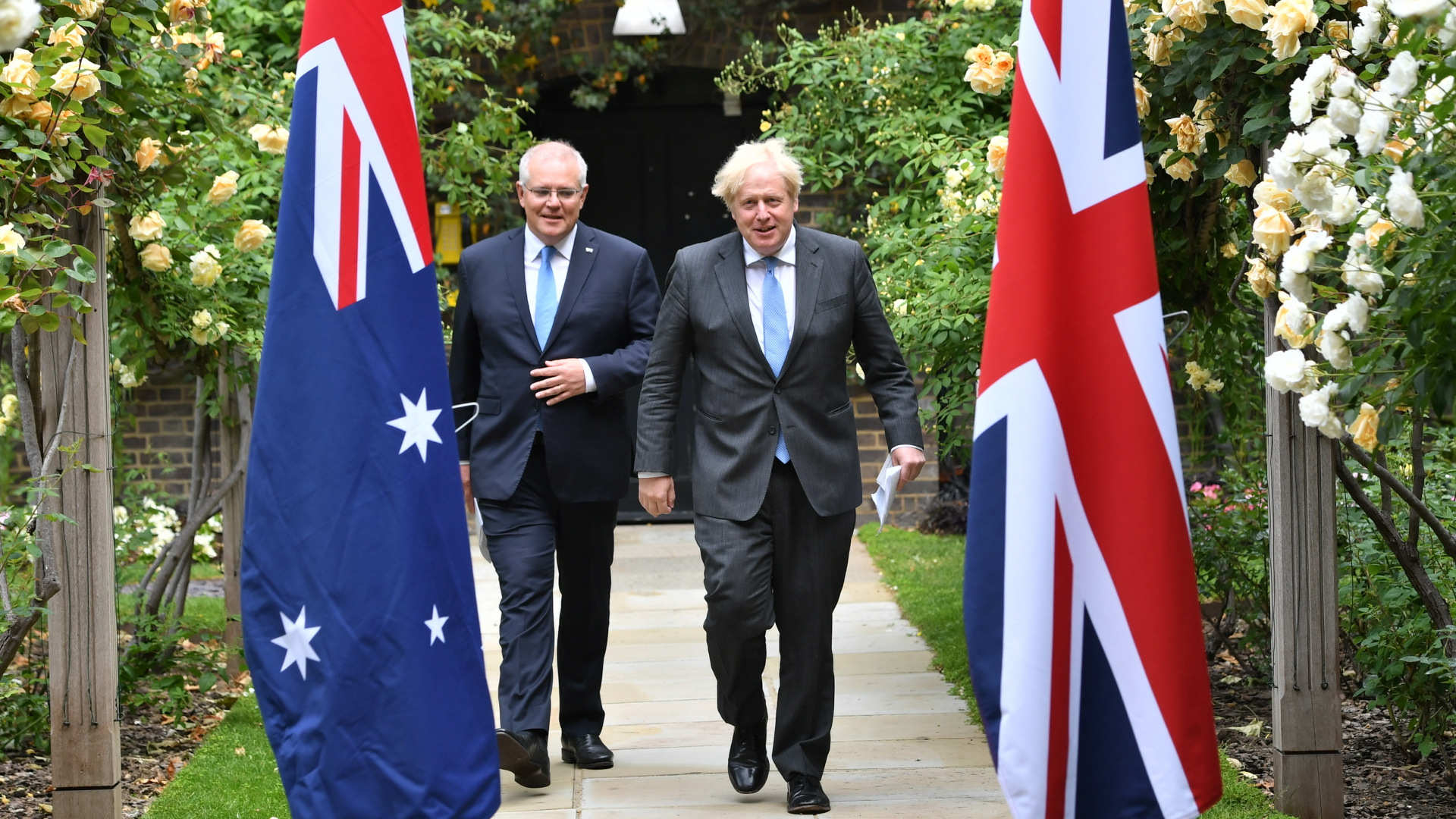 Boris Johnson und Scott Morrison im Garten der 10 Downing Street. | dpa