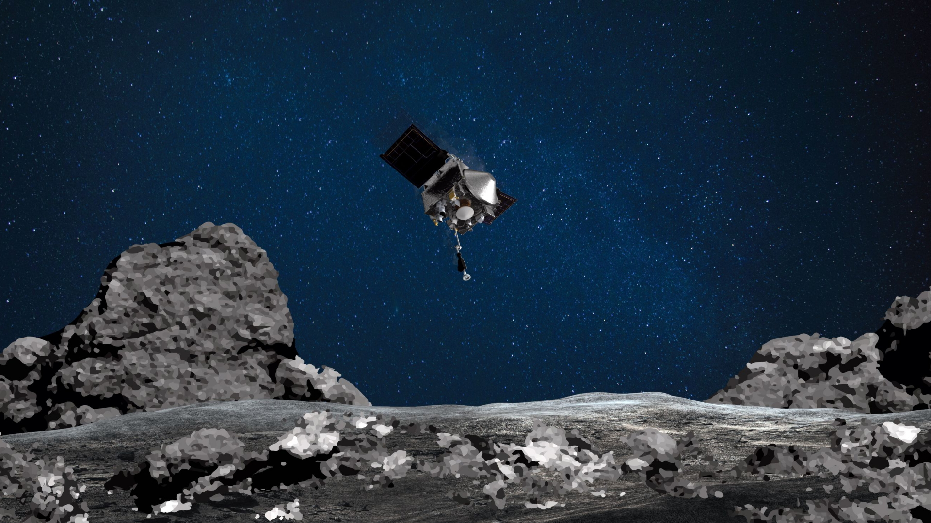 Eine Animation zeigt das Raumschiff OSIRIS-REx und den Asteroid Bennu. | AFP