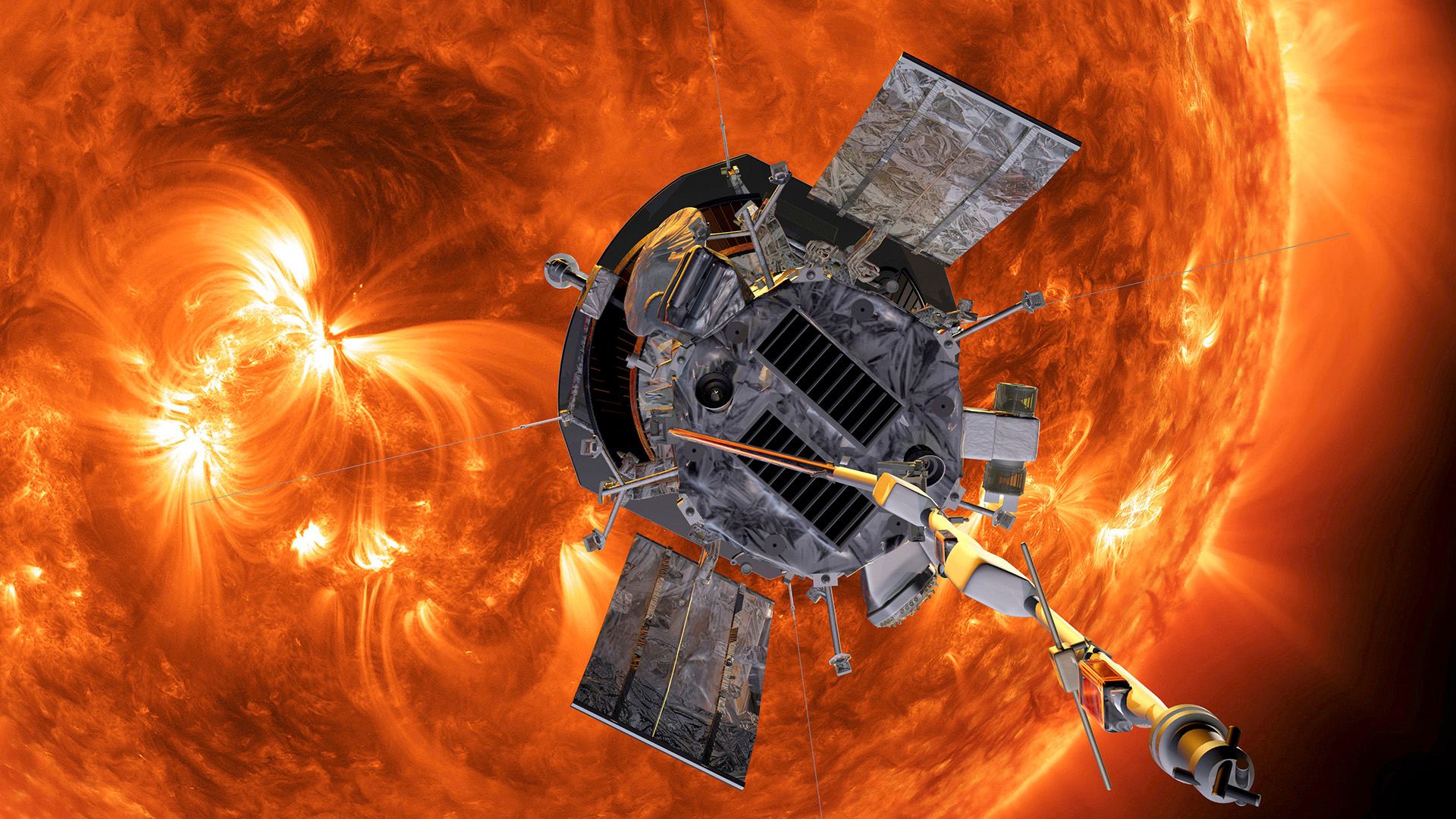 Künstlerische Darstellung der Parker Solar Probe im Anflug auf die Sonne. | AP
