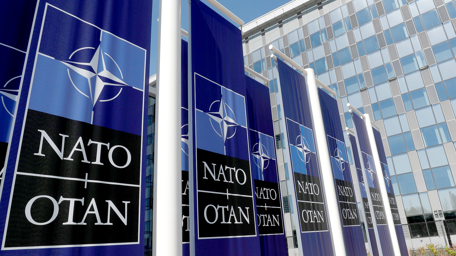 Fahnen mit dem Logo der NATO wehen vor dem NATO-Hauptquartier in Brüssel | REUTERS