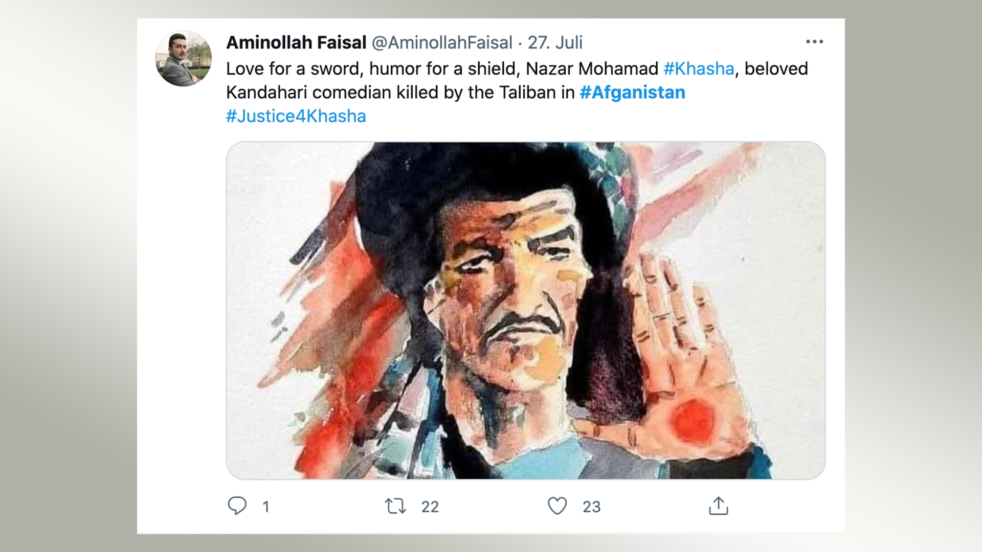 Screenshot eines Portraits von Nazar Mohammad Khasha | https://twitter.com/AminollahFaisal/status/1420034746000846858