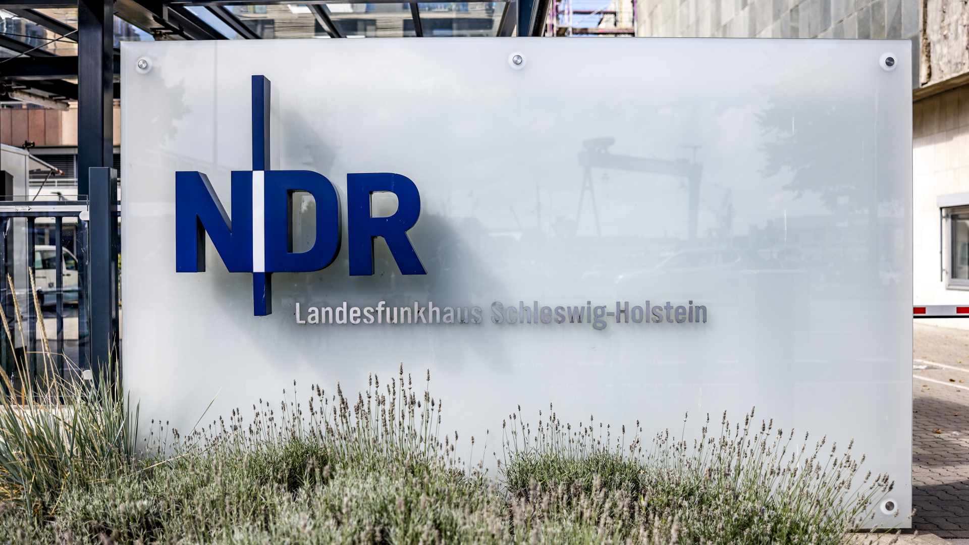 Das NDR-Logo ist an der Einfahrt zum Landesfunkhaus Schleswig-Holstein auf einer Glasplatte angebracht. | dpa