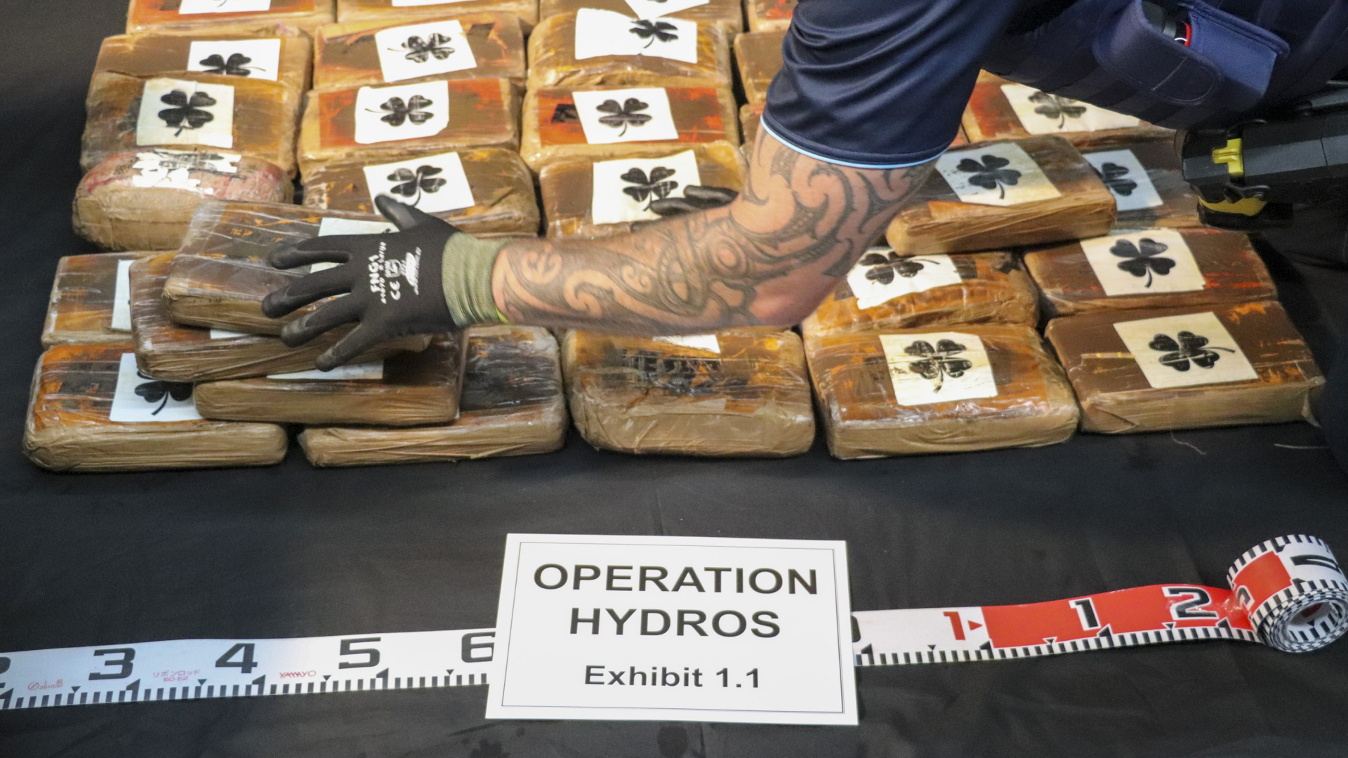 Diverse Drogenpakete, die mit Kleeblättern markiert sind, werden auf einem Tisch gesammelt. | AP