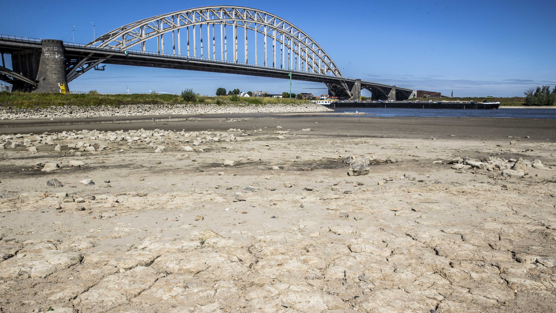 Ein Schiff fährt unter der Waalbrücke im niederländischen Nijmegen hindurch. Der Fluss führt wegen der Trockenheit nur noch wenig Wasser. | dpa