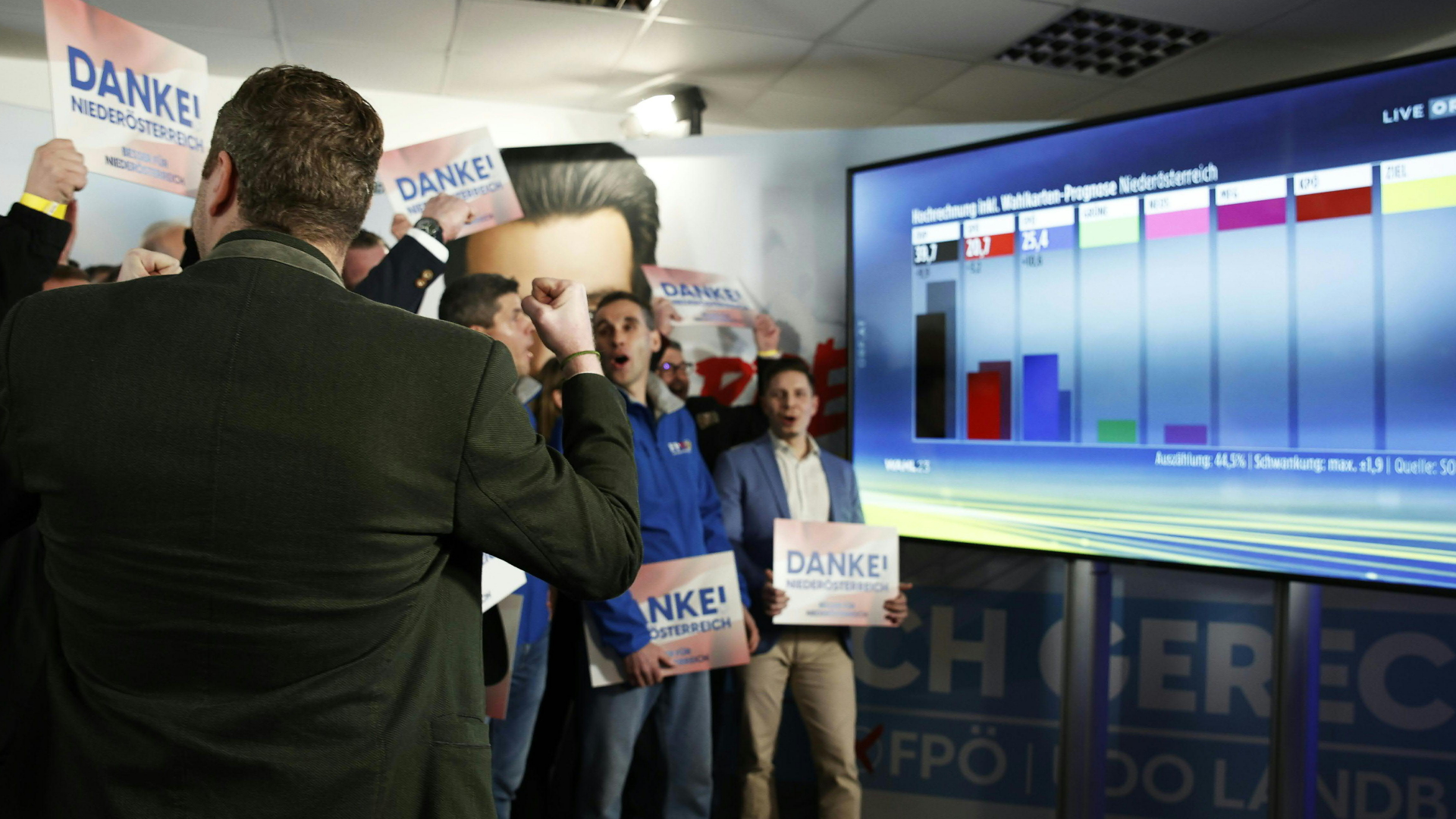 FPÖ-Mitglieder reagieren auf die erste Hochrechnung der niederösterreichischen Landtagswahl. | dpa