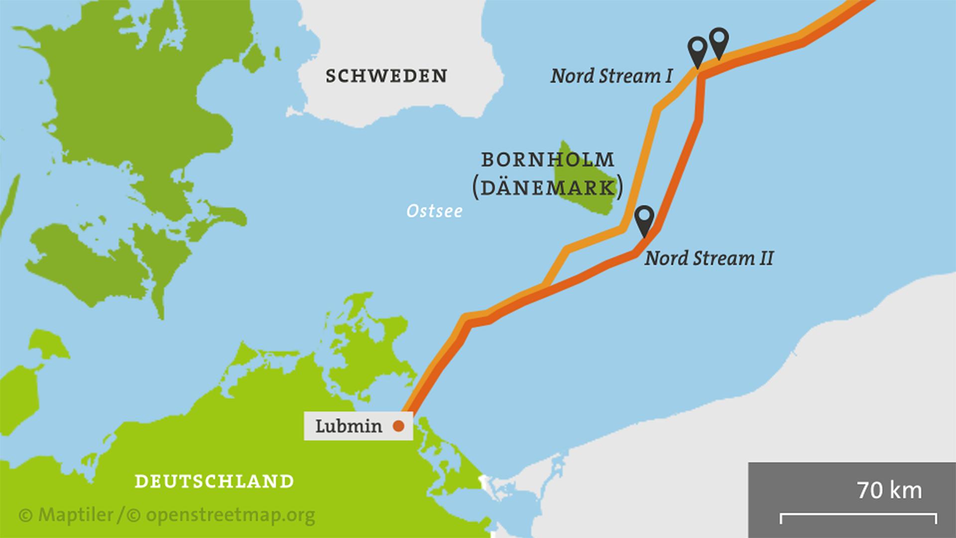 Karte von Bornholm mit den Pipelines Nord Stream 1 und 2 | ARD-aktuell