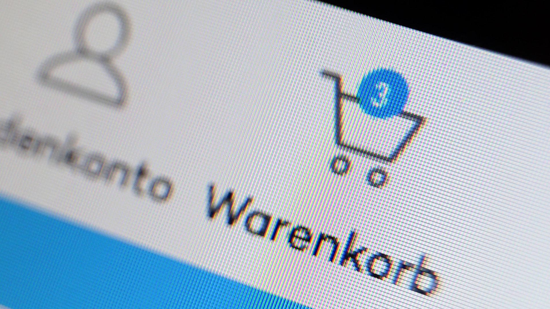 Das Symbol eines Warenkorbes, beziehungsweise eines Einkaufswagen fotografiert von der Webseite eines Internethändlers.
