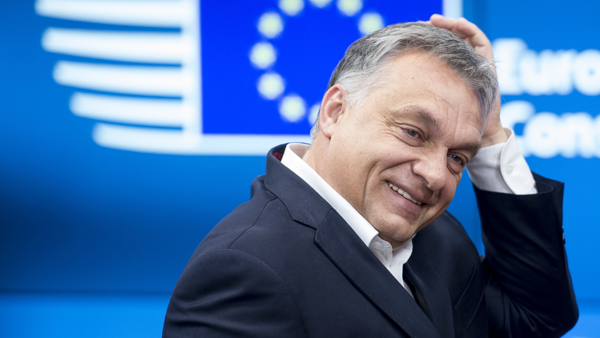 Viktor Orban steht vor den zwölf Sternen der EU. | dpa