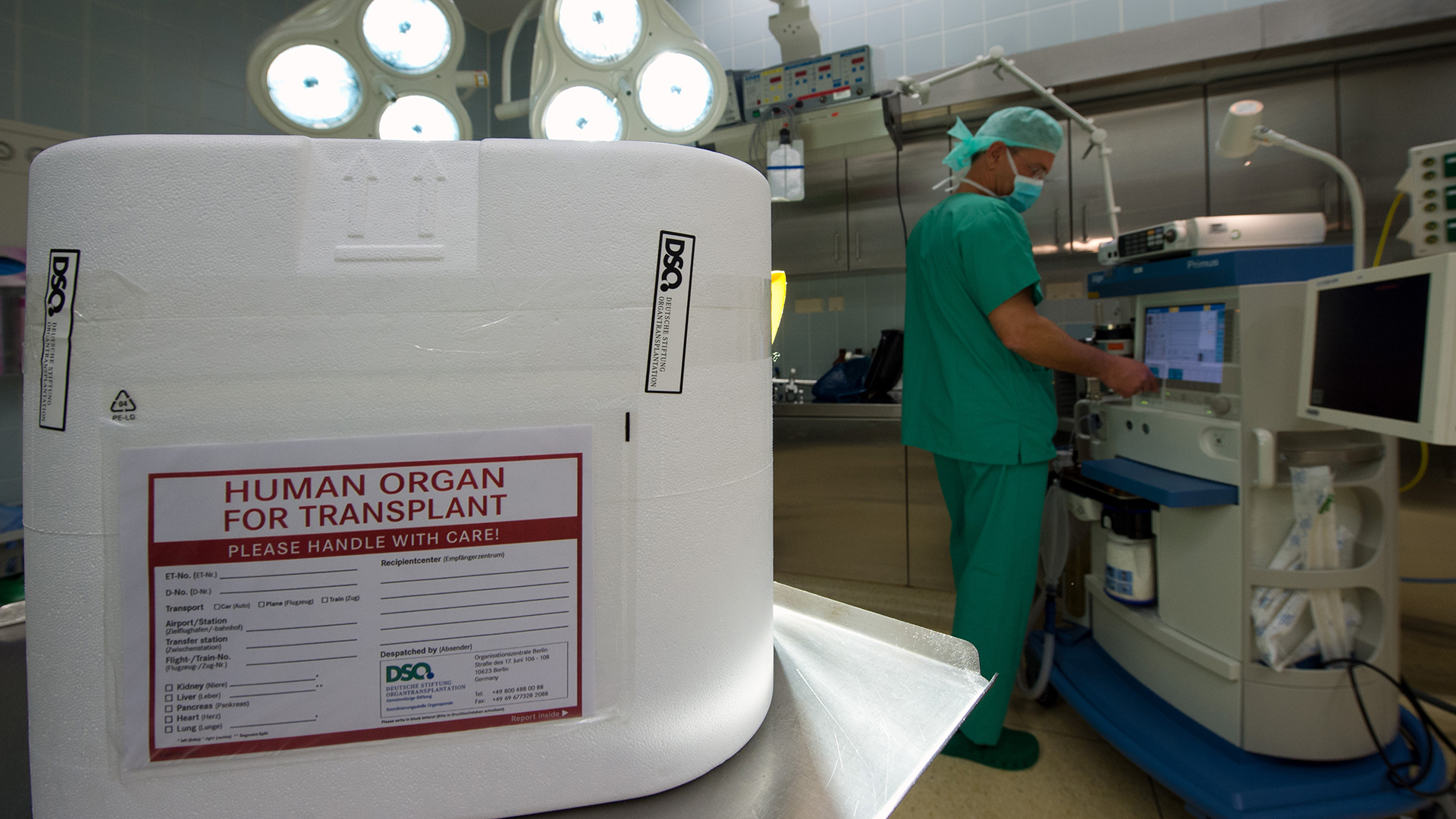 Ein Styropor-Behälter zum Transport von zur Transplantation vorgesehenen Organen steht in einem OP in Berlin. | picture alliance / dpa