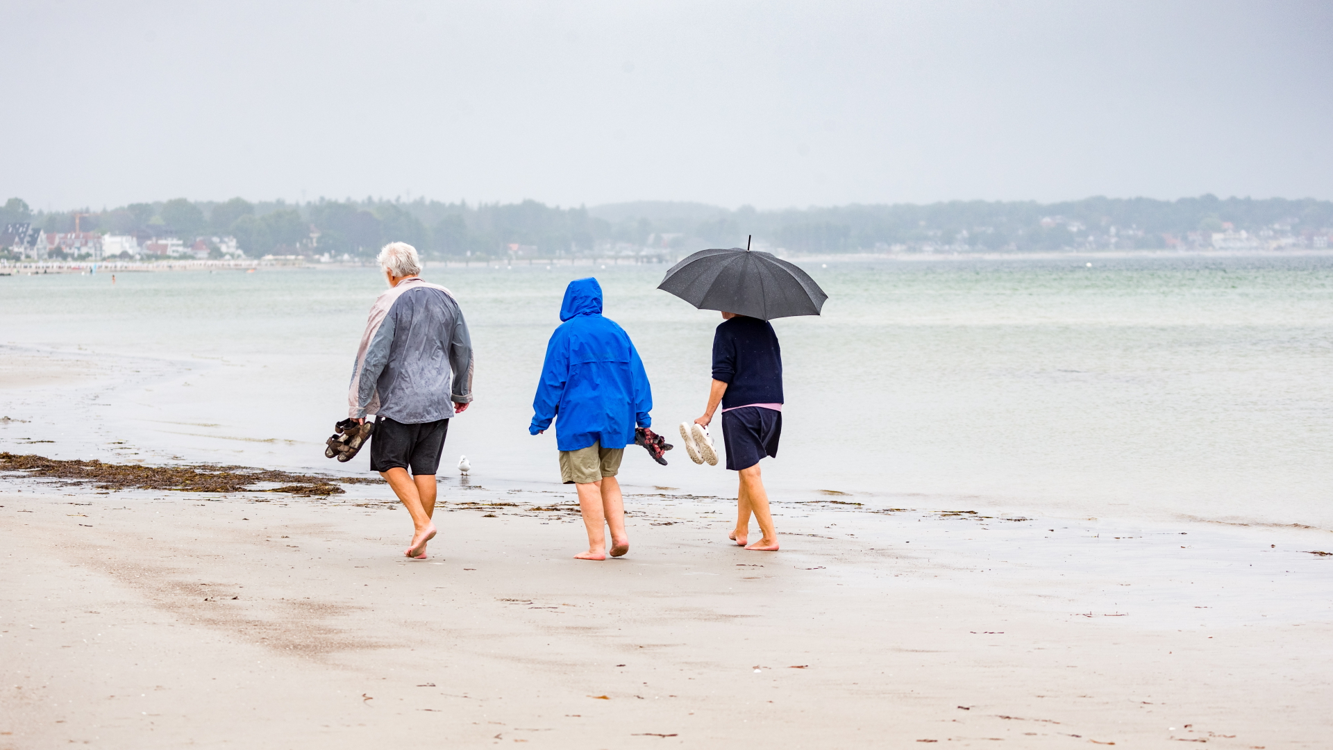 Drei Spaziergänger in Regenjacken und mit einem Regenschirm gehen am Strand entlang.  | dpa