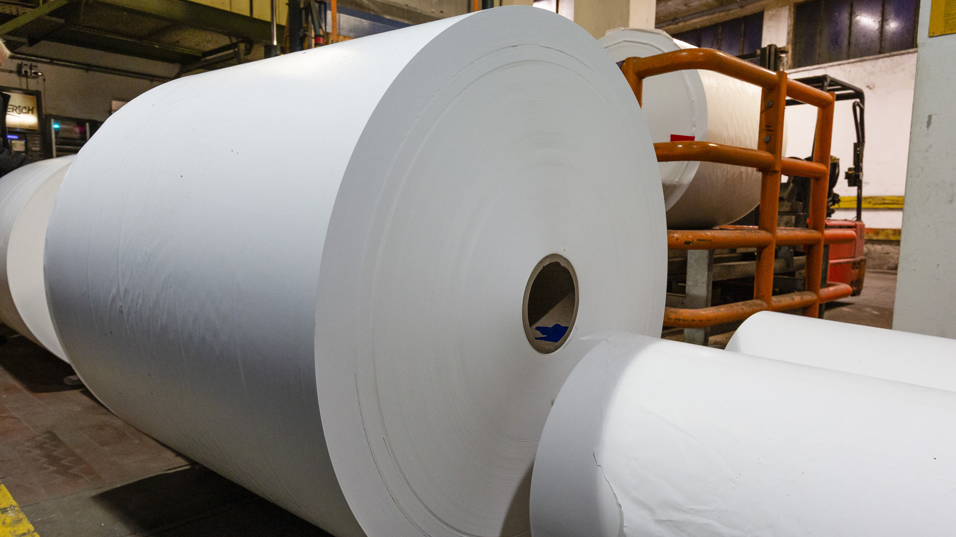 Papier liegt auf großen Rollen in der Papierproduktionsfabrik Mitsubishi Hitec Paper. | picture alliance/dpa