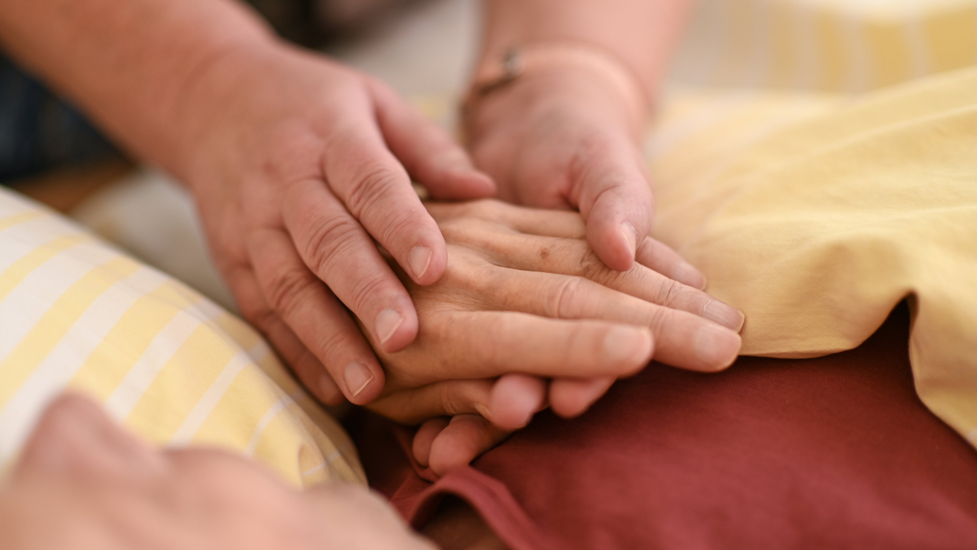 Eine Hospizmitarbeiterin hält die Hand eines todkranken Menschen, der im Hospiz im Bett liegt. | dpa