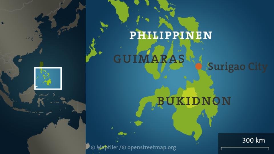 Karte der Philippinen mit Guimaras, Bukidnon und Surigao City