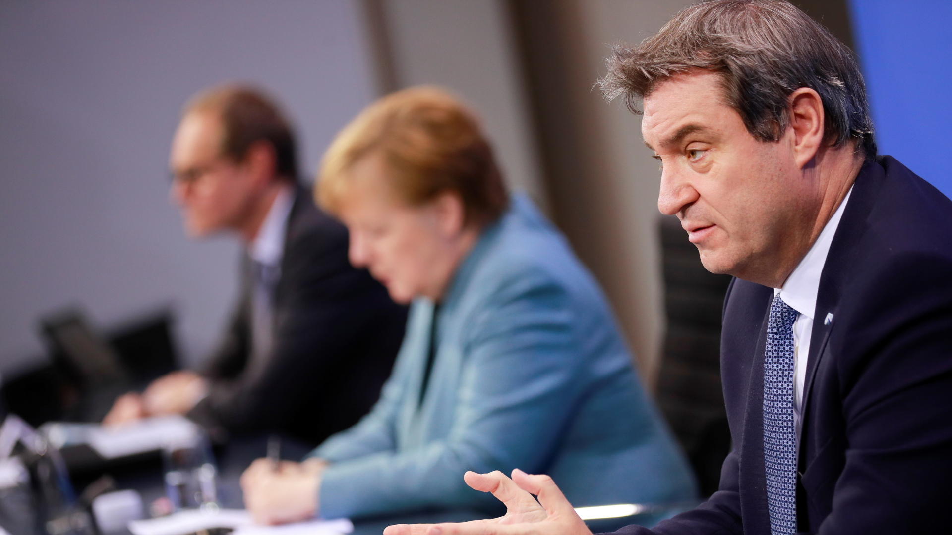 Müller, Merkel und Söder bei der Pressekonferenz nach dem sogenannten Impfgipfel