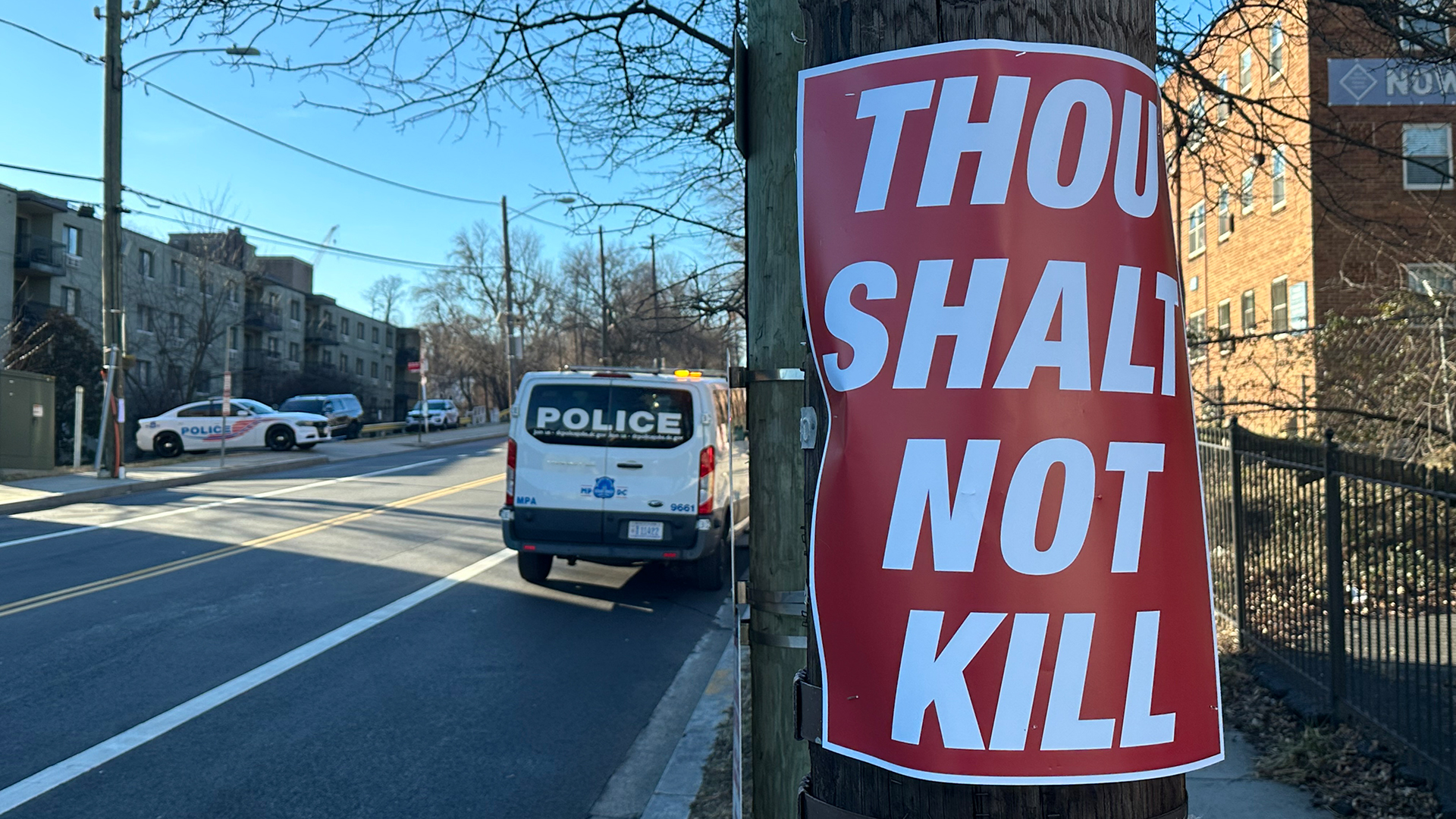 Plakat mit Aufschrift: Thou shalt not kill - Du sollst nicht töten | ARD-Washington/Arne Bartram