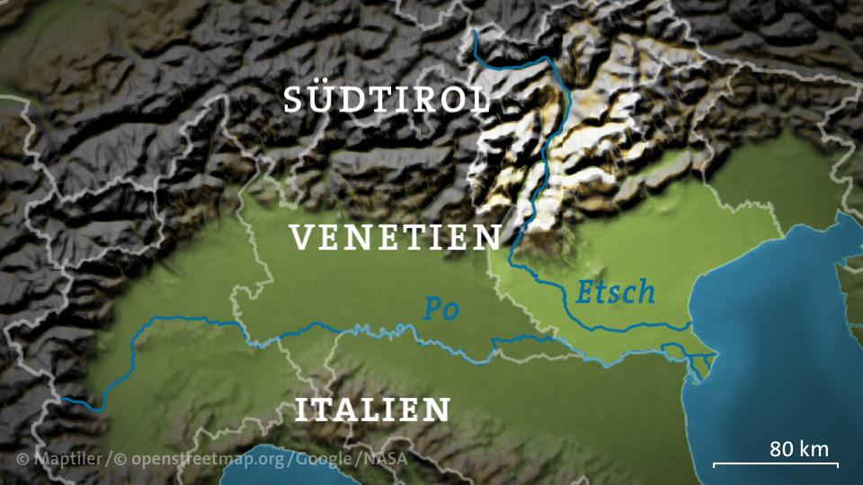 Karte: Die Flüsse Po und Etsch in Norditalien