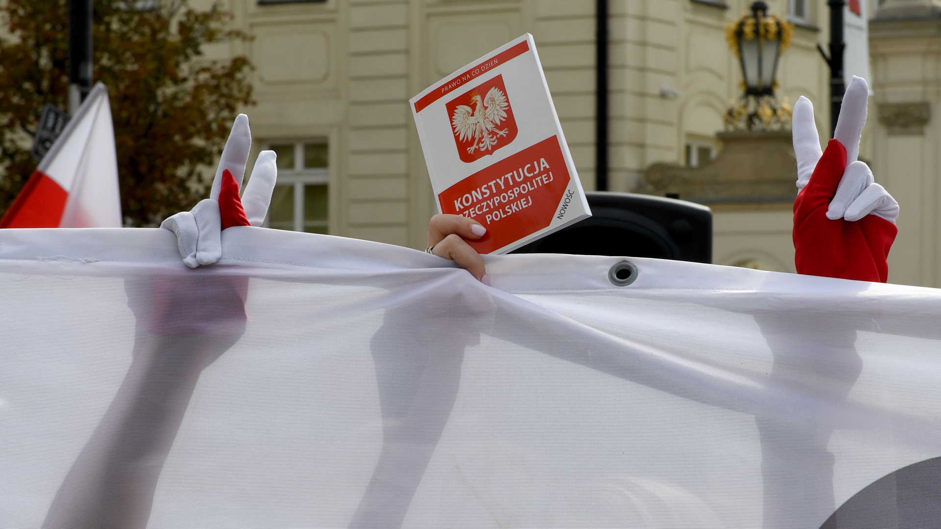 Demonstranten in Warschau halten Ausgaben der polnischen Verfassung in die Höhe und formen das Victory-Zeichen.