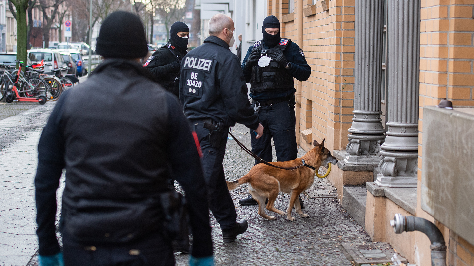  Polizisten gehen bei einer Razzia mit einem Hund in ein Haus. | picture alliance/dpa