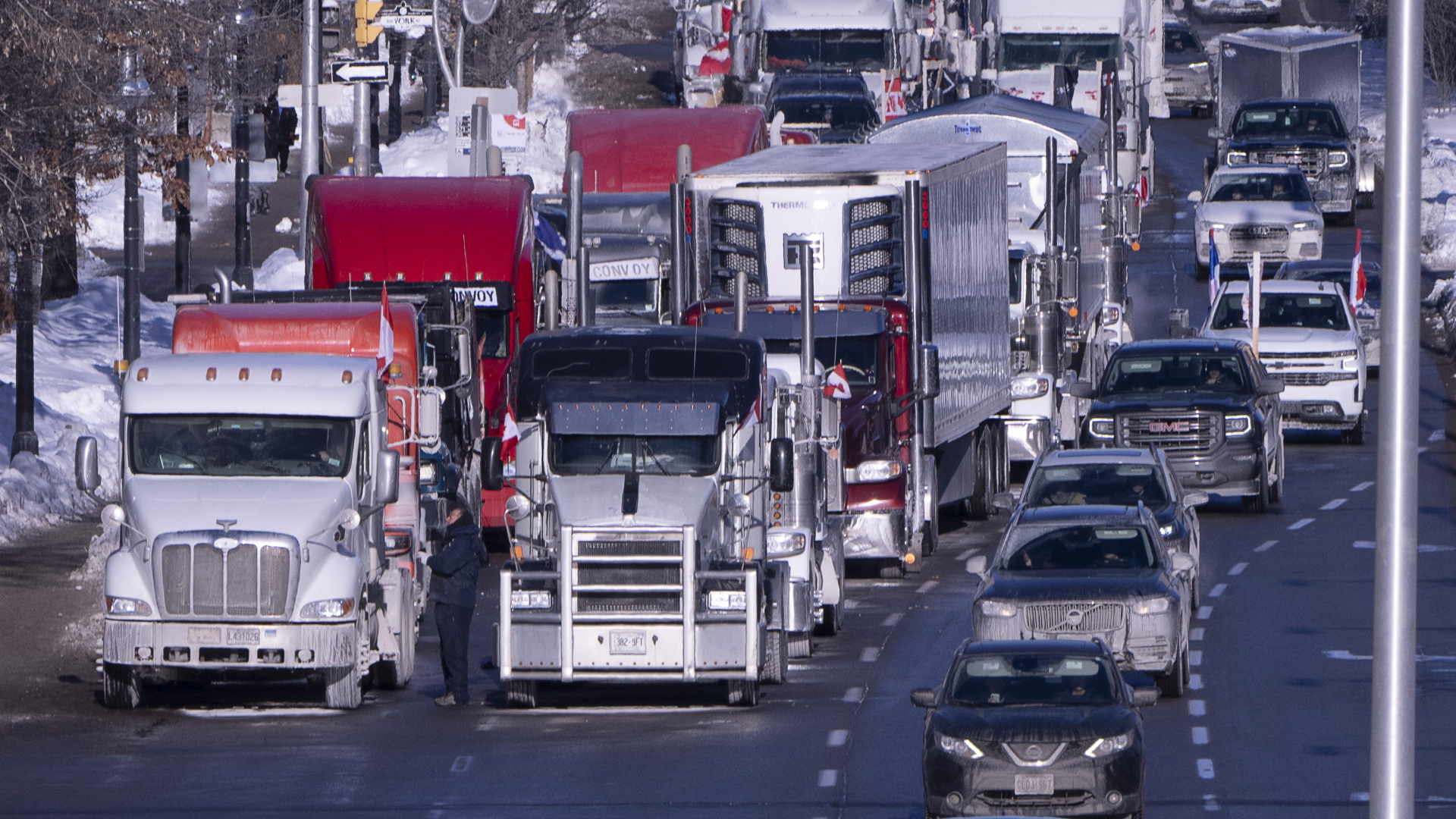 Fahrzeuge blockieren die Fahrspuren einer Straße in Ottawa. | dpa