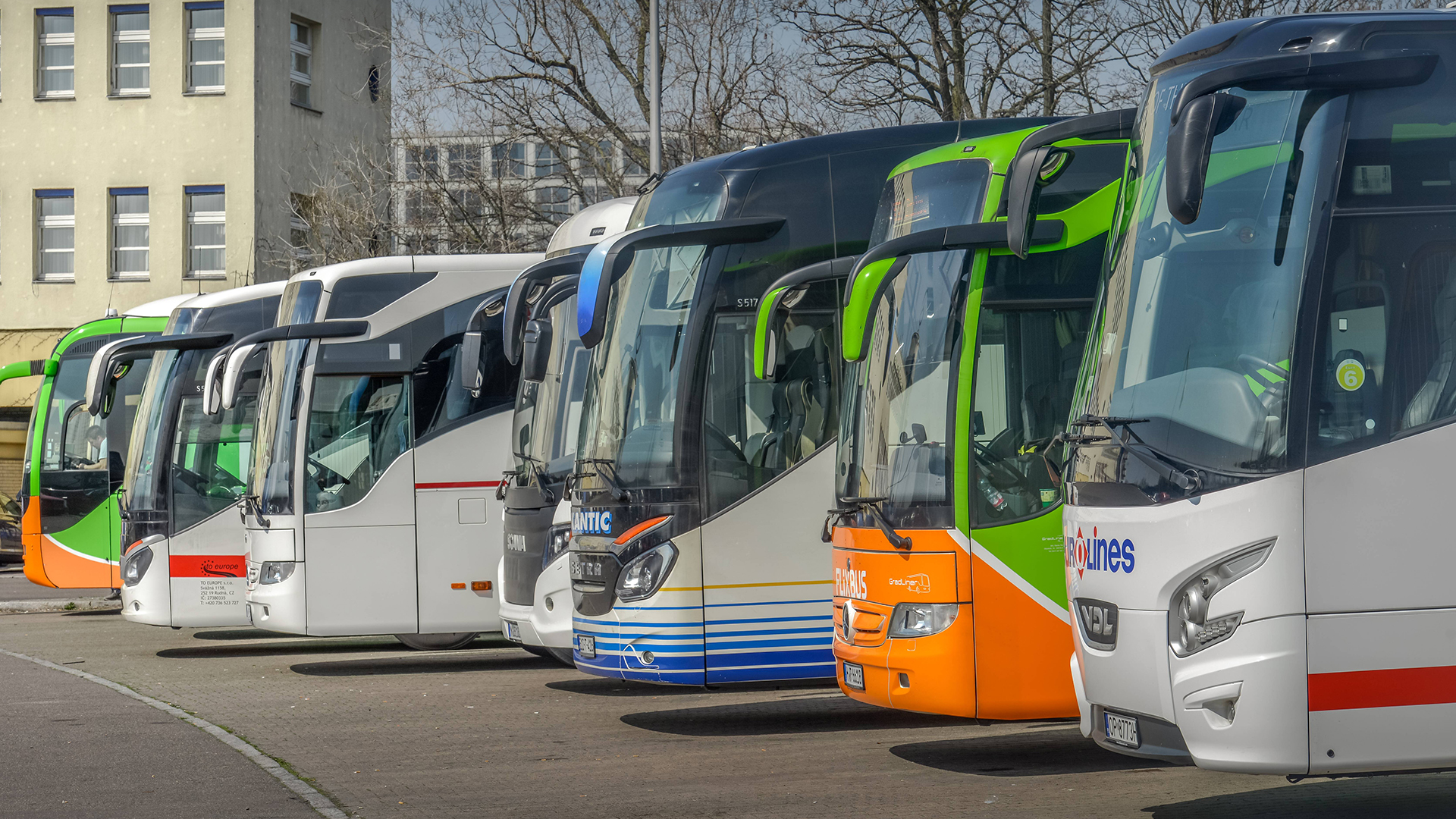 Reisebusse stehen in Berlin auf einem Parkplatz. | imago/Joko