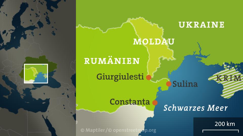 Karte: Rumänien, Moldau und die Ukraine sowie die Städte Giurgulesti und Sulina